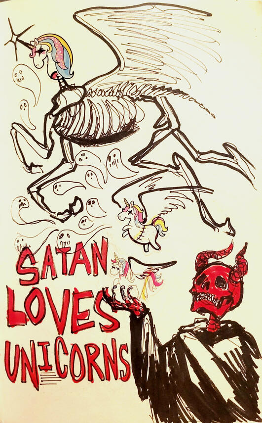 SATAN LOVES UNICORN [marker, stickers on sketch paper] (February 2021)