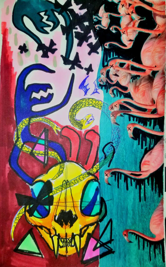 Spirits dancing on their own graves [marker, pen, collage on sketch paper] (January 2021)