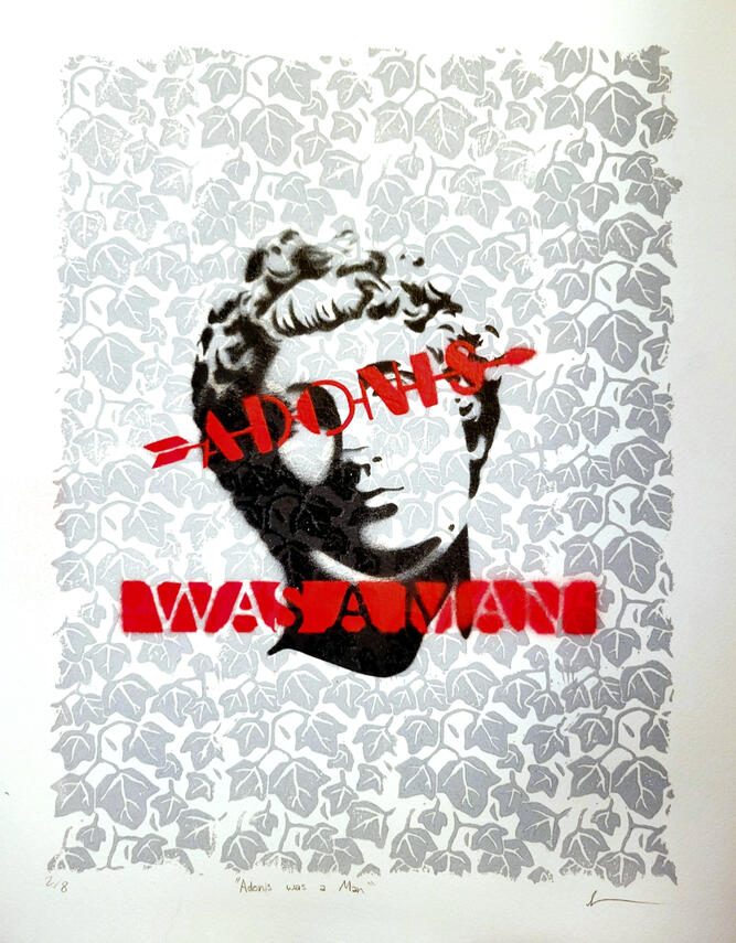 Adonis was a man [block print, spraypaint on rag paper] (November 2020)